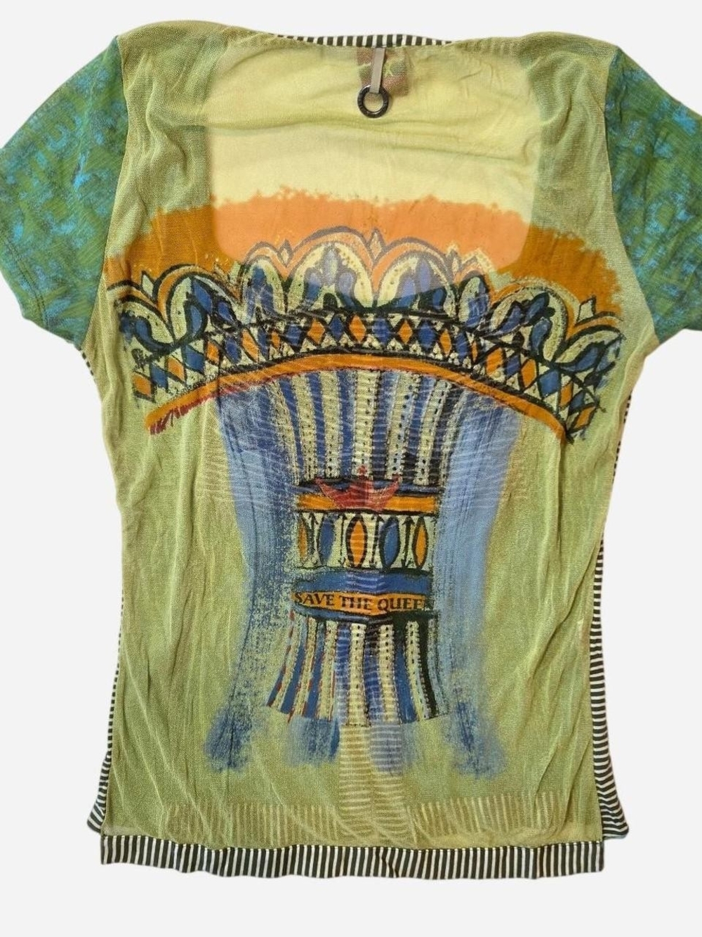 Euro Save The Queen Mesh Back Ruched Bust Striped Graphic Top Green Y2k XL